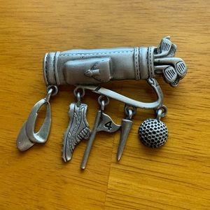 Vintage golf bag pin brooch with five themed charms and fully locking closure